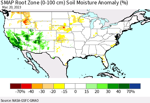 United States SMAP Root Zone (0-100 cm) Soil Moisture Anomaly (%) Thematic Map For 3/16/2023 - 3/20/2023