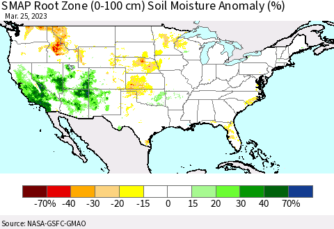 United States SMAP Root Zone (0-100 cm) Soil Moisture Anomaly (%) Thematic Map For 3/21/2023 - 3/25/2023
