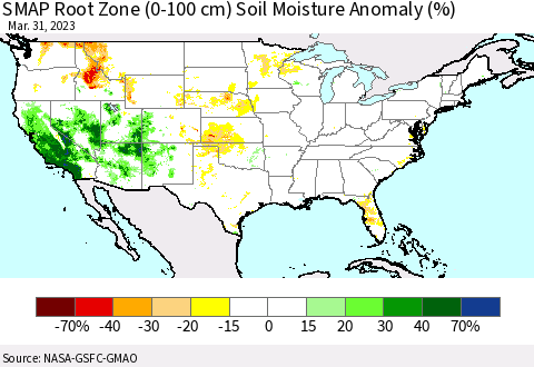 United States SMAP Root Zone (0-100 cm) Soil Moisture Anomaly (%) Thematic Map For 3/26/2023 - 3/31/2023