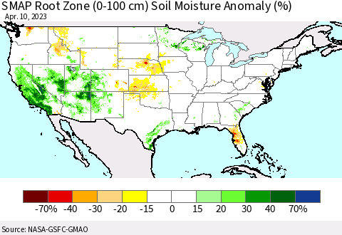 United States SMAP Root Zone (0-100 cm) Soil Moisture Anomaly (%) Thematic Map For 4/6/2023 - 4/10/2023