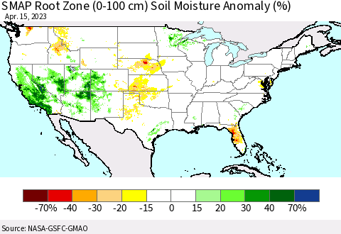 United States SMAP Root Zone (0-100 cm) Soil Moisture Anomaly (%) Thematic Map For 4/11/2023 - 4/15/2023