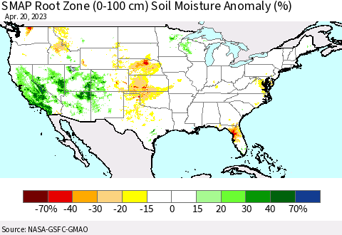 United States SMAP Root Zone (0-100 cm) Soil Moisture Anomaly (%) Thematic Map For 4/16/2023 - 4/20/2023