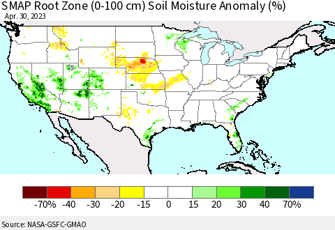United States SMAP Root Zone (0-100 cm) Soil Moisture Anomaly (%) Thematic Map For 4/26/2023 - 4/30/2023