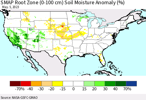 United States SMAP Root Zone (0-100 cm) Soil Moisture Anomaly (%) Thematic Map For 5/1/2023 - 5/5/2023