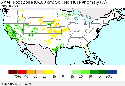 United States SMAP Root Zone (0-100 cm) Soil Moisture Anomaly (%) Thematic Map For 5/6/2023 - 5/10/2023