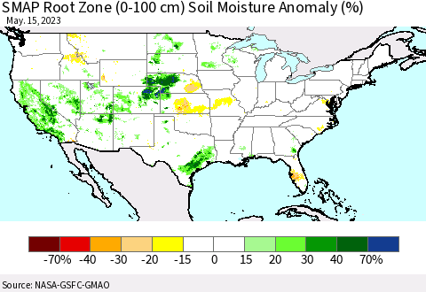 United States SMAP Root Zone (0-100 cm) Soil Moisture Anomaly (%) Thematic Map For 5/11/2023 - 5/15/2023