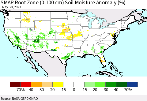 United States SMAP Root Zone (0-100 cm) Soil Moisture Anomaly (%) Thematic Map For 5/16/2023 - 5/20/2023