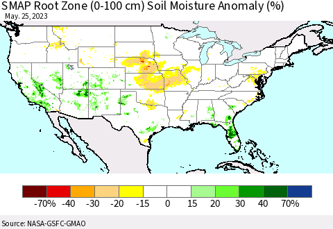 United States SMAP Root Zone (0-100 cm) Soil Moisture Anomaly (%) Thematic Map For 5/21/2023 - 5/25/2023