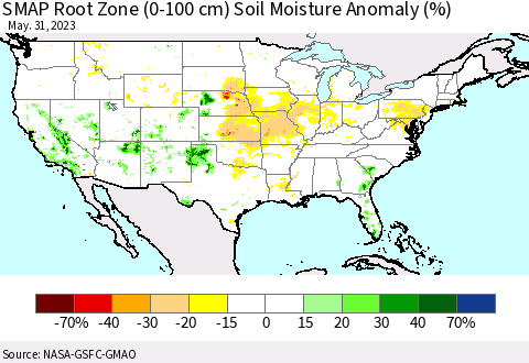 United States SMAP Root Zone (0-100 cm) Soil Moisture Anomaly (%) Thematic Map For 5/26/2023 - 5/31/2023