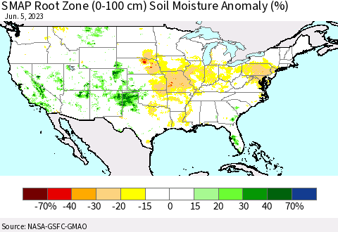 United States SMAP Root Zone (0-100 cm) Soil Moisture Anomaly (%) Thematic Map For 6/1/2023 - 6/5/2023