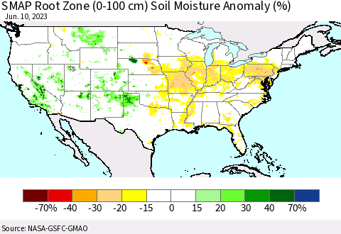 United States SMAP Root Zone (0-100 cm) Soil Moisture Anomaly (%) Thematic Map For 6/6/2023 - 6/10/2023