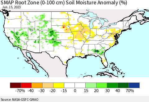 United States SMAP Root Zone (0-100 cm) Soil Moisture Anomaly (%) Thematic Map For 6/11/2023 - 6/15/2023