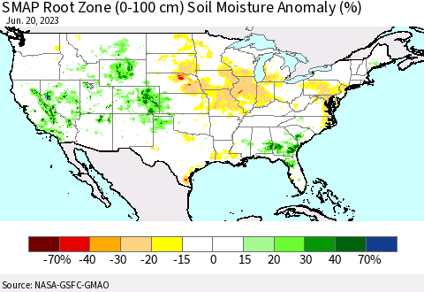 United States SMAP Root Zone (0-100 cm) Soil Moisture Anomaly (%) Thematic Map For 6/16/2023 - 6/20/2023