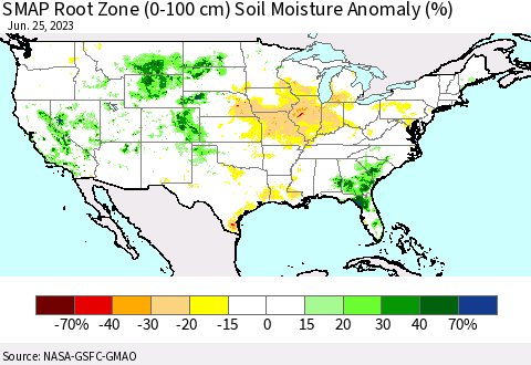 United States SMAP Root Zone (0-100 cm) Soil Moisture Anomaly (%) Thematic Map For 6/21/2023 - 6/25/2023