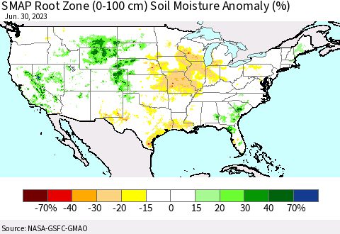 United States SMAP Root Zone (0-100 cm) Soil Moisture Anomaly (%) Thematic Map For 6/26/2023 - 6/30/2023