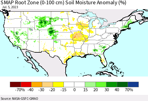 United States SMAP Root Zone (0-100 cm) Soil Moisture Anomaly (%) Thematic Map For 7/1/2023 - 7/5/2023