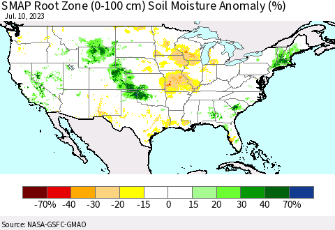 United States SMAP Root Zone (0-100 cm) Soil Moisture Anomaly (%) Thematic Map For 7/6/2023 - 7/10/2023