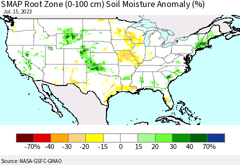 United States SMAP Root Zone (0-100 cm) Soil Moisture Anomaly (%) Thematic Map For 7/11/2023 - 7/15/2023