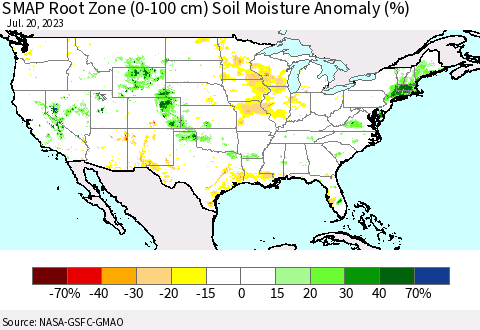 United States SMAP Root Zone (0-100 cm) Soil Moisture Anomaly (%) Thematic Map For 7/16/2023 - 7/20/2023