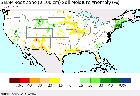United States SMAP Root Zone (0-100 cm) Soil Moisture Anomaly (%) Thematic Map For 7/26/2023 - 7/31/2023
