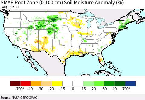United States SMAP Root Zone (0-100 cm) Soil Moisture Anomaly (%) Thematic Map For 8/1/2023 - 8/5/2023