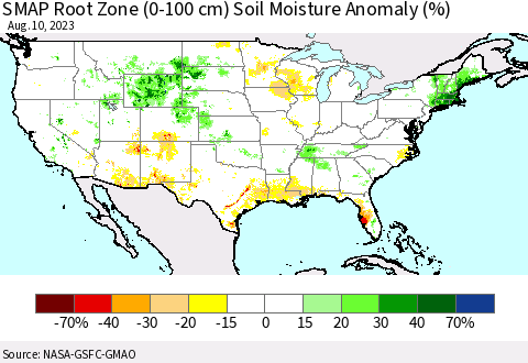 United States SMAP Root Zone (0-100 cm) Soil Moisture Anomaly (%) Thematic Map For 8/6/2023 - 8/10/2023