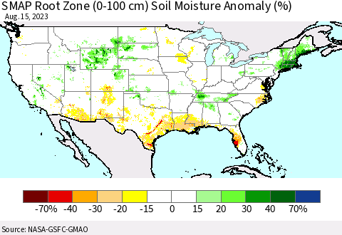 United States SMAP Root Zone (0-100 cm) Soil Moisture Anomaly (%) Thematic Map For 8/11/2023 - 8/15/2023