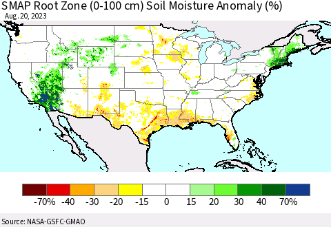 United States SMAP Root Zone (0-100 cm) Soil Moisture Anomaly (%) Thematic Map For 8/16/2023 - 8/20/2023