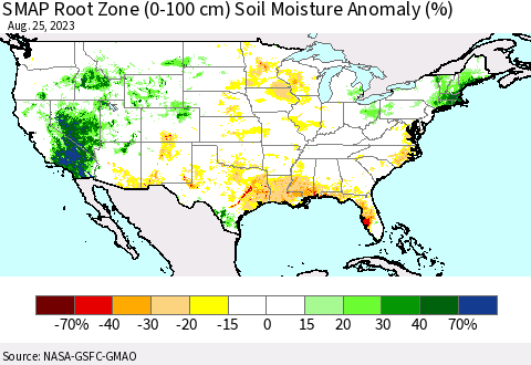 United States SMAP Root Zone (0-100 cm) Soil Moisture Anomaly (%) Thematic Map For 8/21/2023 - 8/25/2023