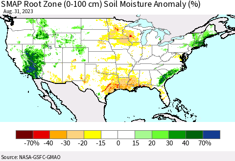 United States SMAP Root Zone (0-100 cm) Soil Moisture Anomaly (%) Thematic Map For 8/26/2023 - 8/31/2023