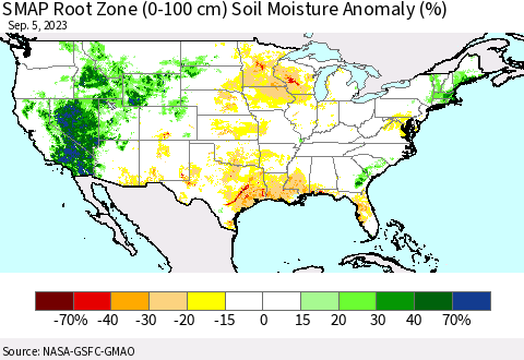 United States SMAP Root Zone (0-100 cm) Soil Moisture Anomaly (%) Thematic Map For 9/1/2023 - 9/5/2023