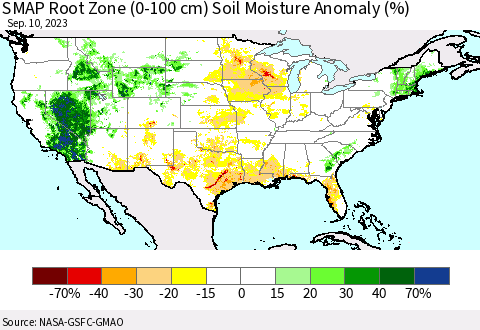 United States SMAP Root Zone (0-100 cm) Soil Moisture Anomaly (%) Thematic Map For 9/6/2023 - 9/10/2023