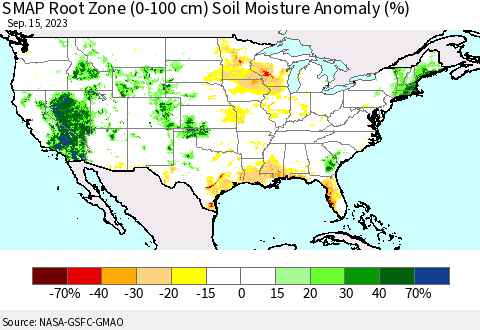 United States SMAP Root Zone (0-100 cm) Soil Moisture Anomaly (%) Thematic Map For 9/11/2023 - 9/15/2023