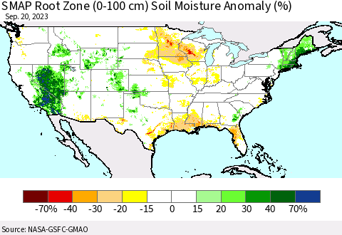 United States SMAP Root Zone (0-100 cm) Soil Moisture Anomaly (%) Thematic Map For 9/16/2023 - 9/20/2023