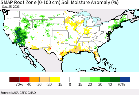 United States SMAP Root Zone (0-100 cm) Soil Moisture Anomaly (%) Thematic Map For 9/21/2023 - 9/25/2023