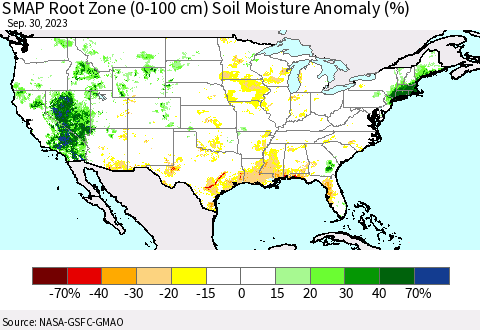United States SMAP Root Zone (0-100 cm) Soil Moisture Anomaly (%) Thematic Map For 9/26/2023 - 9/30/2023