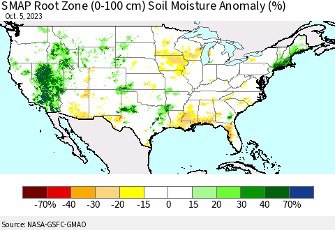 United States SMAP Root Zone (0-100 cm) Soil Moisture Anomaly (%) Thematic Map For 10/1/2023 - 10/5/2023