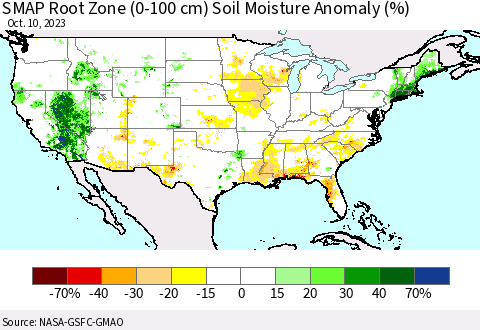 United States SMAP Root Zone (0-100 cm) Soil Moisture Anomaly (%) Thematic Map For 10/6/2023 - 10/10/2023