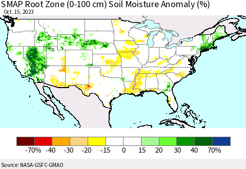 United States SMAP Root Zone (0-100 cm) Soil Moisture Anomaly (%) Thematic Map For 10/11/2023 - 10/15/2023