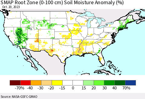 United States SMAP Root Zone (0-100 cm) Soil Moisture Anomaly (%) Thematic Map For 10/16/2023 - 10/20/2023