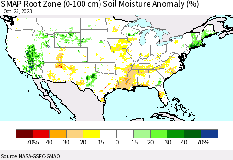 United States SMAP Root Zone (0-100 cm) Soil Moisture Anomaly (%) Thematic Map For 10/21/2023 - 10/25/2023