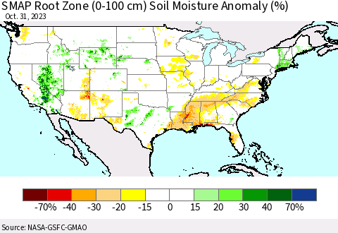 United States SMAP Root Zone (0-100 cm) Soil Moisture Anomaly (%) Thematic Map For 10/26/2023 - 10/31/2023