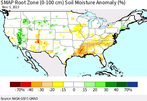 United States SMAP Root Zone (0-100 cm) Soil Moisture Anomaly (%) Thematic Map For 11/1/2023 - 11/5/2023