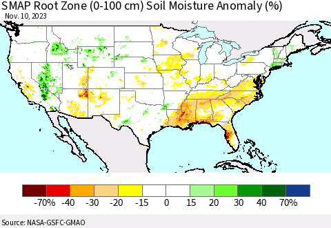 United States SMAP Root Zone (0-100 cm) Soil Moisture Anomaly (%) Thematic Map For 11/6/2023 - 11/10/2023