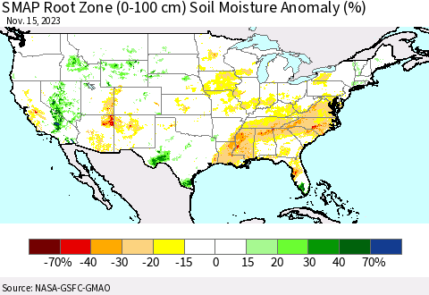United States SMAP Root Zone (0-100 cm) Soil Moisture Anomaly (%) Thematic Map For 11/11/2023 - 11/15/2023