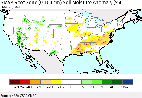 United States SMAP Root Zone (0-100 cm) Soil Moisture Anomaly (%) Thematic Map For 11/16/2023 - 11/20/2023