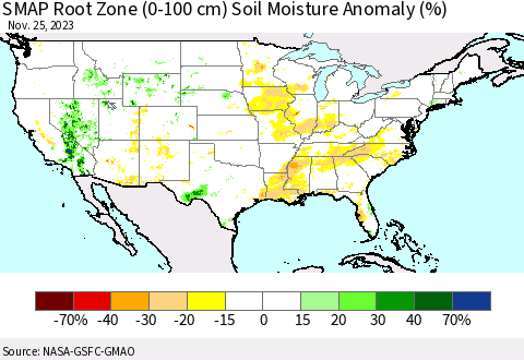 United States SMAP Root Zone (0-100 cm) Soil Moisture Anomaly (%) Thematic Map For 11/21/2023 - 11/25/2023