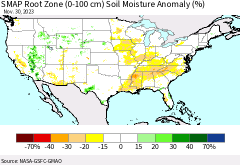 United States SMAP Root Zone (0-100 cm) Soil Moisture Anomaly (%) Thematic Map For 11/26/2023 - 11/30/2023