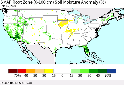 United States SMAP Root Zone (0-100 cm) Soil Moisture Anomaly (%) Thematic Map For 3/1/2024 - 3/5/2024