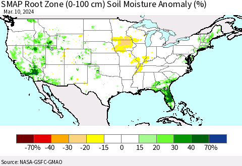 United States SMAP Root Zone (0-100 cm) Soil Moisture Anomaly (%) Thematic Map For 3/6/2024 - 3/10/2024